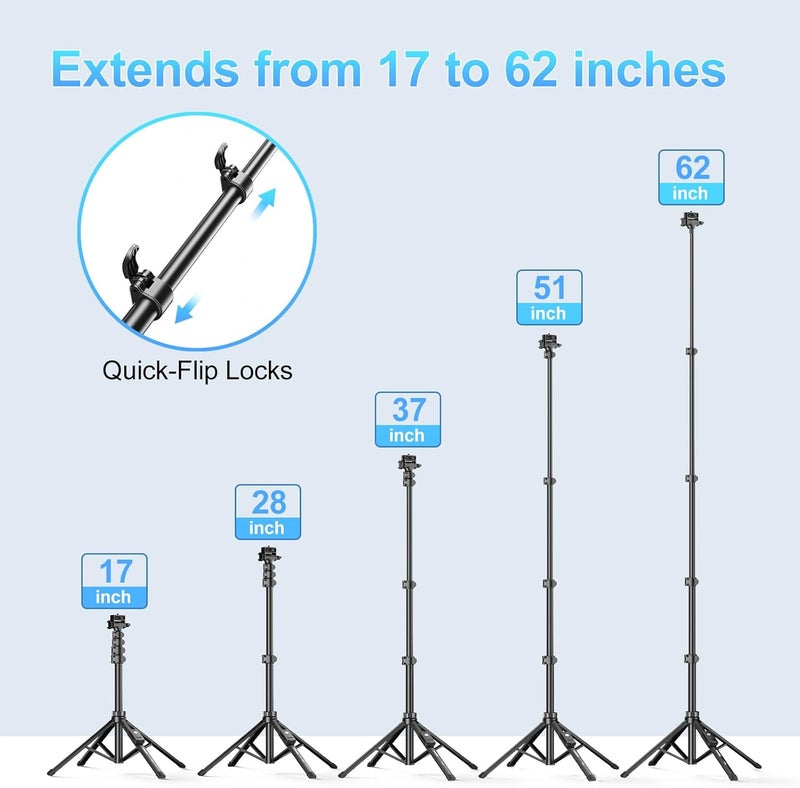 FugeTek 62" Professional Cell Phone Tripod, Ultra Stable 4 Leg Design, Bluetooth Remote, 100% All Aluminum Stick & Legs, Portable All in One, 360° Phone Mount with 2 Cold Shoe Slots, Non Skid Feet - Image 4